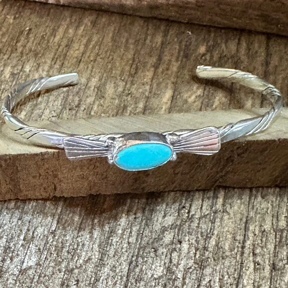 Navajo Sterling Silver & Kingman Turquoise Cuff Bracelet, Stamped - Picture 3 of 9